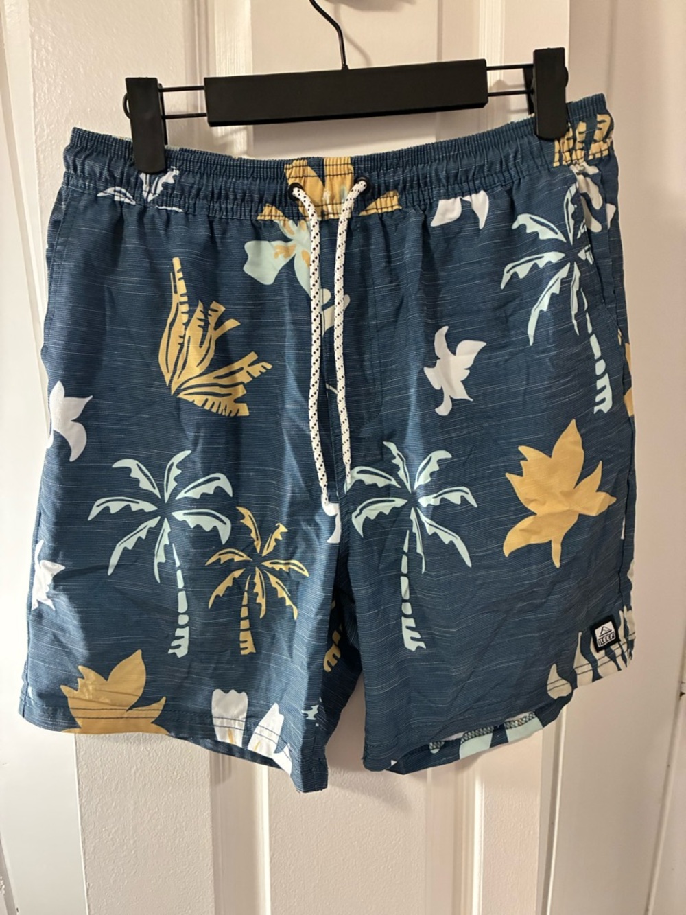 Reef Men's Navy Blue Tropical Palm Swim Shorts with Yellow Accents